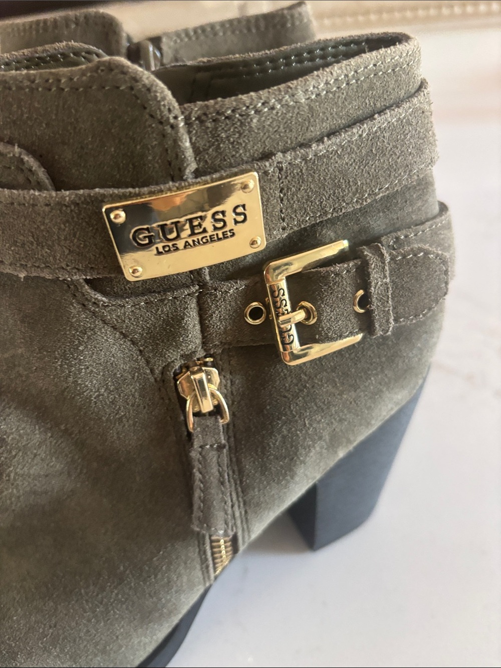 GUESS Olive Green Suede Ankle Boots with Gold Accents - Picture 4 of 8